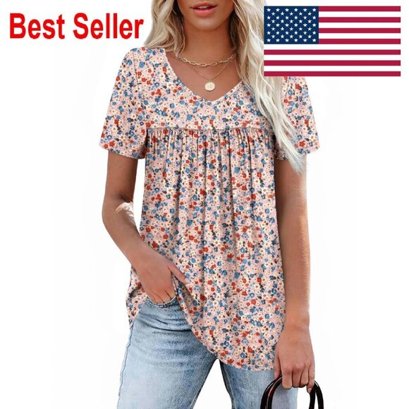 Tops - V-Neck Pleated Blouse Elegant Casual Summer Tops Lightweight Flowy Chic